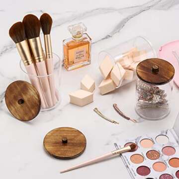 6 Pack Qtip Holder - 12oz 10oz Clear Cotton Ball Cotton Swab Holder for Restroom Bathroom Organizers and Storage Containers, Plastic Apothecary Jars with Wood Lids