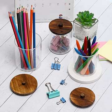 6 Pack Qtip Holder - 12oz 10oz Clear Cotton Ball Cotton Swab Holder for Restroom Bathroom Organizers and Storage Containers, Plastic Apothecary Jars with Wood Lids