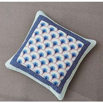 DaDa Bedding Minty Blue Mediterranean Euro Pillow Sham - Cotton Patchwork Fans Breezy Ocean Waves Shell Pattern - Vibrant Lavender Grey Navy Cushion Cover - 26" x 26" 1-Piece