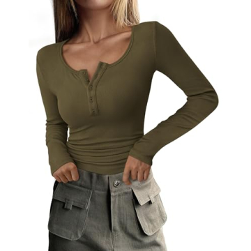 PRETTYGARDEN Women's Slim Fit Long Sleeve Henley T Shirt - Comfy Casual Fall Wear