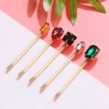 Lurrose 5pcs Colorful Crystal Hair Pins Gold Vintage Decorative Bobby Pins for Women (Mixed Style)
