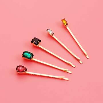 Lurrose 5pcs Colorful Crystal Hair Pins Gold Vintage Decorative Bobby Pins for Women (Mixed Style)