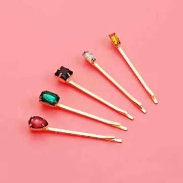 Lurrose 5pcs Colorful Crystal Hair Pins Gold Vintage Decorative Bobby Pins for Women (Mixed Style)