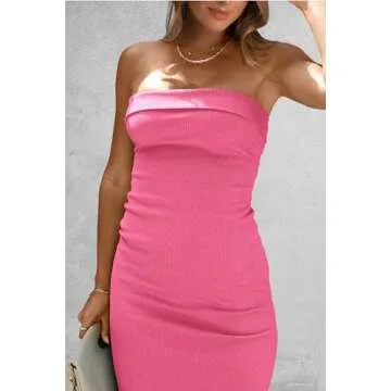 PRETTYGARDEN Women's Summer Bodycon Maxi Tube Dress Ribbed Strapless Side Slit Long Going Out Casual Elegant Party Dresses (Rose Pink,X-Small)
