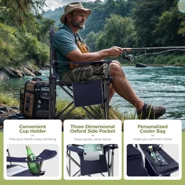 ALPHA CAMP Oversized Camping Folding Chair Heavy Duty Lawn Chair with Cooler Bag Support 450 LBS Steel Frame Collapsible Padded Arm Chair Quad Lumbar Back Chair Portable for Outdoor,Blue