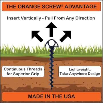Orange Screw Ultimate Ground Anchors: Heavy Duty Screw-in Tent Stakes for High Wind, Sand, Canopies, and Camping - Made in USA, 100% Recycled, Included T-Grip Tool - (Small, 4 Pack, Black)
