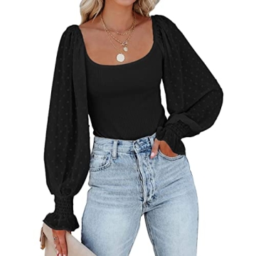 Stylish Tunlaud Women Square Neck Puff Long Sleeve Bodysuit with Sheer Polka Dot Sleeves (XL, Black)