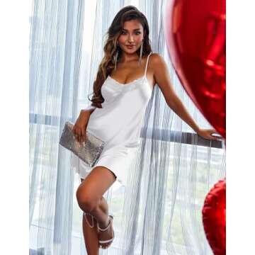 Ekouaer Sleepwear Sexy Lingerie Nightgown Lace Chemise Satin Slip Silk Negligee Nightie Bridal Babydoll for Women White Small