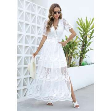 MERMAID'S CLOSET Womens V Neck Embroidered Lace Maxi Dress Boho White Slit Wedding Guest Bridesmaid ...