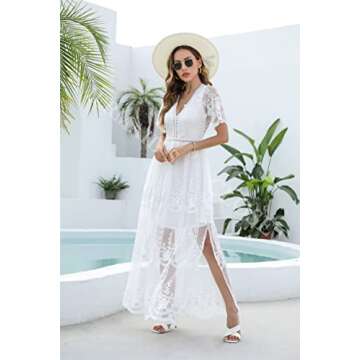 MERMAID'S CLOSET Womens V Neck Embroidered Lace Maxi Dress Boho White Slit Wedding Guest Bridesmaid Party Dresses