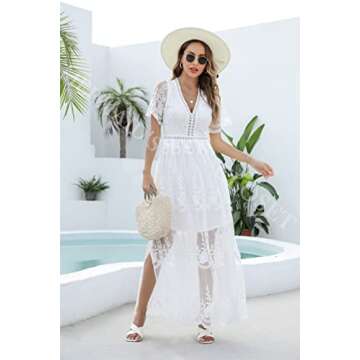 MERMAID'S CLOSET Womens V Neck Embroidered Lace Maxi Dress Boho White Slit Wedding Guest Bridesmaid Party Dresses