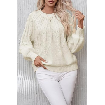 Dokotoo Pullover Sweaters for Women Cute Cable Knit Oversized Fall Winter Outfits Jumpers Top for Women Fashion 2024 Crew Neck Long Sleeve Warm Cozy Ladies Apricot Sweater X-Large