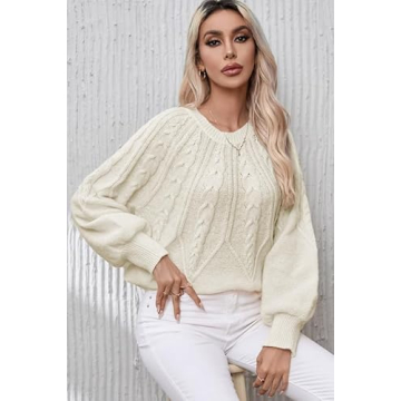 Dokotoo Pullover Sweaters for Women Cute Cable Knit Oversized Fall Winter Outfits Jumpers Top for Women Fashion 2024 Crew Neck Long Sleeve Warm Cozy Ladies Apricot Sweater X-Large