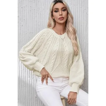 Dokotoo Pullover Sweaters for Women Cute Cable Knit Oversized Fall Winter Outfits Jumpers Top for Women Fashion 2024 Crew Neck Long Sleeve Warm Cozy Ladies Apricot Sweater X-Large