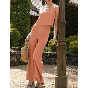 ROYLAMP Women's Summer 2 Piece outfits Sleeveless Tops Wide Leg Pants set Holiday Jumpsuit with Pockets Pink Orange XL