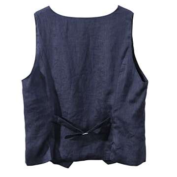 Amazhiyu Womens Pure Linen Sleeveless Button Down Crop Top V Neck Waistcoat Vest Navy, Small