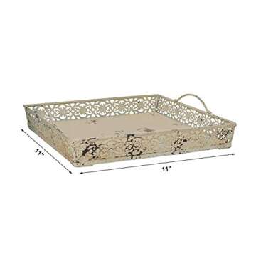 Rainbow Handcrafts Vintage Metal Square Decorative Serving Tray with Two Handles 11 x 11 inches (Cream)