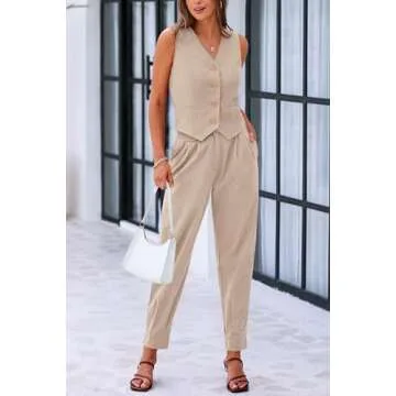 PRETTYGARDEN Summer Women 2 Piece Outfits Cotton Sets Deep V Neck Button Front Cropped Tank Tops Vest Pants with Pockets (Khaki,X-Small)