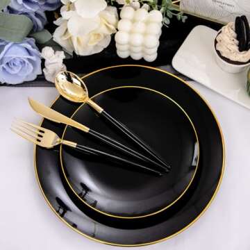 Nervure 150PCS Black Plastic Plates - Sophisticated & Durable Disposable Dinnerware for Celebrations