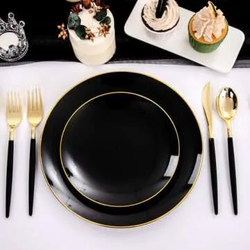 Nervure 150PCS Black Plastic Plates - Elegant Heavyweight Dinnerware