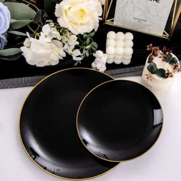 Nervure 150PCS Black Plastic Plates - Elegant Heavyweight Dinnerware