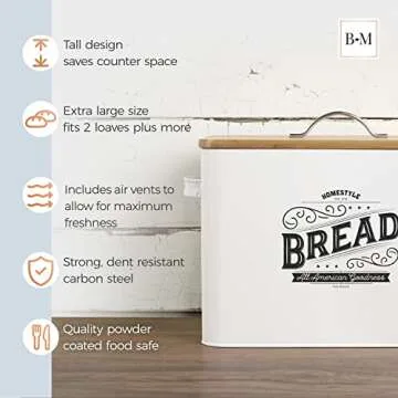 Extra Large White Farmhouse Bread Box for Kitchen Countertop - Breadbox Holder Fits 2+ Loaves - Bread Storage Container Bin - Rustic Bread Keeper Vintage Metal Kitchen Decor (White with Wood Lid)