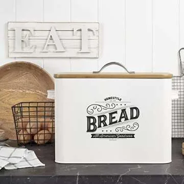 Extra Large White Farmhouse Bread Box for Kitchen Countertop - Breadbox Holder Fits 2+ Loaves - Bread Storage Container Bin - Rustic Bread Keeper Vintage Metal Kitchen Decor (White with Wood Lid)