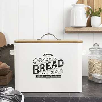 Extra Large White Farmhouse Bread Box for Kitchen Countertop - Breadbox Holder Fits 2+ Loaves - Bread Storage Container Bin - Rustic Bread Keeper Vintage Metal Kitchen Decor (White with Wood Lid)