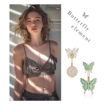 Shakalaka Surgical Steel Belly Button Ring for Women with Cute Butterfly Navel Rings Piercing Jewelry Pack Gold