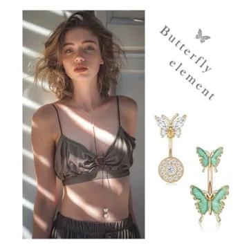 Shakalaka Surgical Steel Belly Button Ring for Women with Cute Butterfly Navel Rings Piercing Jewelry Pack Gold