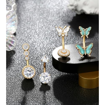 Shakalaka Surgical Steel Belly Button Ring for Women with Cute Butterfly Navel Rings Piercing Jewelry Pack Gold