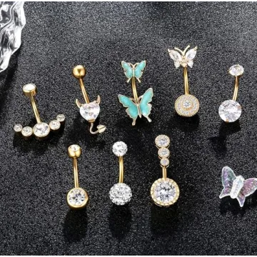 Shakalaka Surgical Steel Belly Button Ring for Women with Cute Butterfly Navel Rings Piercing Jewelry Pack Gold