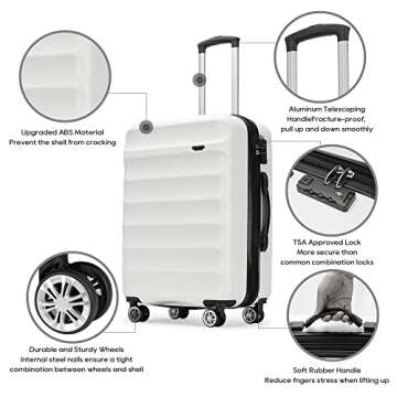 GinzaTravel 3-piece expandable luggage sets with Spinner Wheels， ABS hardshell Suitcase with TSA Lock，Large Luggage for Family Travel & carry on 20/24/28，White color
