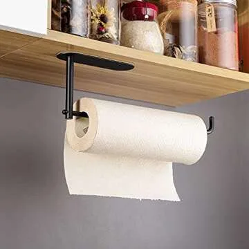SUNTECH Self Adhesive Towel Paper Holder – Paper Towel Holder Under Kitchen Cabinet Stick on, Wall Mounted Matte Black Paper Towel Rack, SUS304 Stainless Steel