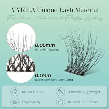 VYRILA Lash Clusters 0.05mm Individual Lashes, 3D Wispy Lashes Clusters, 0.1mm Super Thin Band Resua...