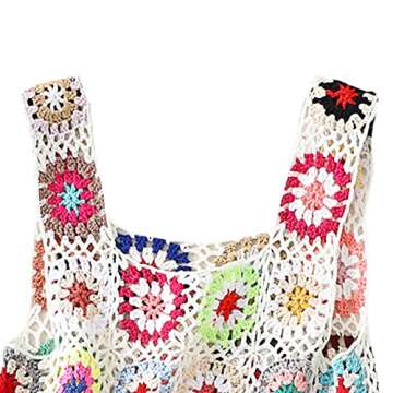Women's Summer Crochet Tank Top Colorful Floral Embroidery Knit Vest Tops Boho Camisole Beachwear (White, One Size)