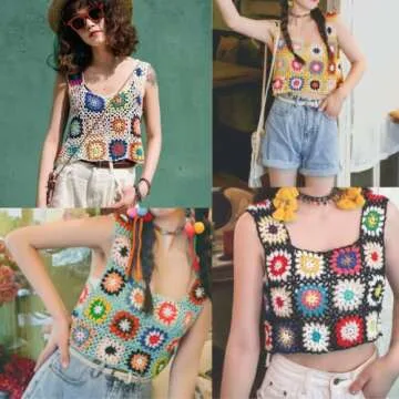 Women's Summer Crochet Tank Top Colorful Floral Embroidery Knit Vest Tops Boho Camisole Beachwear (White, One Size)