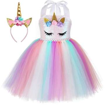 SHINYOU Girls Unicorn Costume Dress Up LED Light Up Unicorn Tutu Birthday Outfit for Halloween Birthday Gift (Rainbow, 5-6Y)¡­