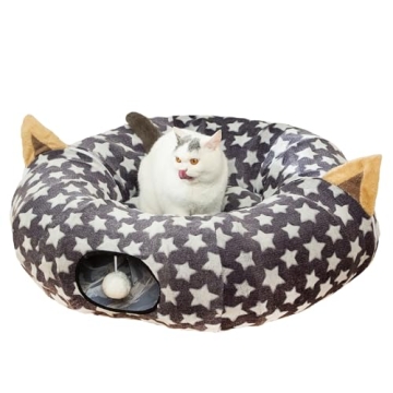 LUCKITTY Large Cat Tunnel Bed with Plush Cover,Fluffy Toy Balls, Small Cushion and Flexible Design- ...