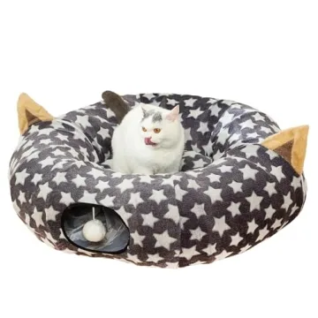 LUCKITTY Large Cat Tunnel Bed with Plush Cover, Fluffy Toys - 10 inch Diameter, 3 ft Length - Perfec...
