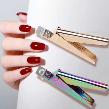 rhinocats Acrylic False Nail Clippers with Magnets Sizer,Nail Tip Cutter with Length Measurement,Stainless Steel Nail Manicure Set for Salon Home Nail,Gold