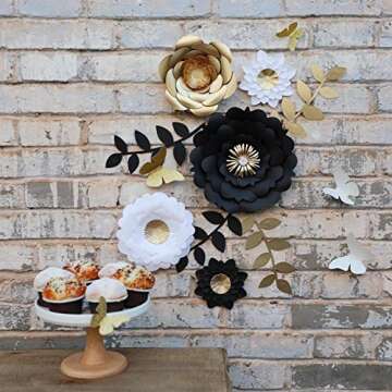Fonder Mols 3D Paper Flower Decorations(Set of 13, White Black Gold), Giant Paper Flowers for Weddin...