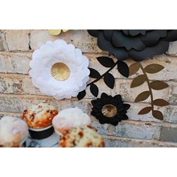 Fonder Mols 3D Paper Flower Decorations(Set of 13, White Black Gold), Giant Paper Flowers for Wedding Backdrop, Graduation Party, Bridal Shower, Halloween Centerpieces, Nursery Wall Decor