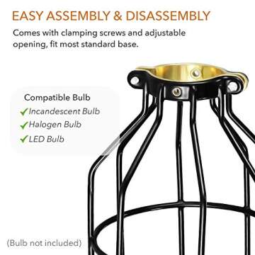 Simple Deluxe 4-Pack Adjustable Industrial Clamp on Metal Bulb Guard Cage for Pendant, Farmhouse Light Fixture, Vintage Lamp Shades and Hanging Lamp, Black