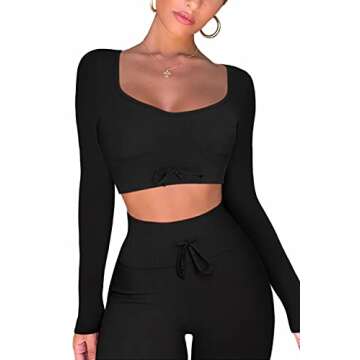 QINSEN Womens Yoga Leggings 2 Piece Outfits Running Long Sleeve Crop Top Seamless High Waist Leggings Black M