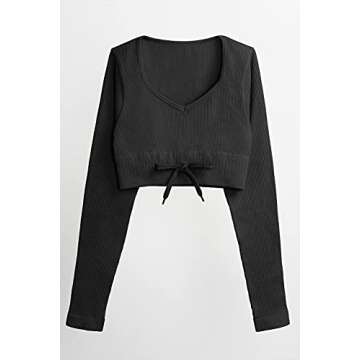 QINSEN Womens Yoga Leggings 2 Piece Outfits Running Long Sleeve Crop Top Seamless High Waist Leggings Black M