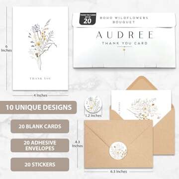 AUDREE Wildflower Thank You Cards with Envelopes (20 pack 4"x6") - Floral Thank You Cards with Adhes...