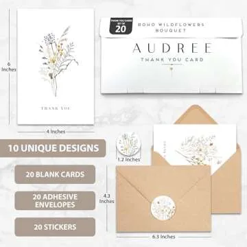 AUDREE Wildflower Thank You Cards with Envelopes (20 pack 4"x6") - Floral Thank You Cards with Adhes...