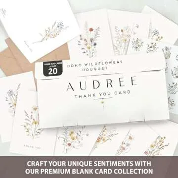 AUDREE Wildflower Thank You Cards with Envelopes (20 pack 4"x6") - Floral Thank You Cards with Adhesive Envelope & Matching Stickers - Perfect Gift for Birthday, Wedding, Bridal Showers, Baby Showers