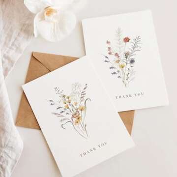 AUDREE Wildflower Thank You Cards with Envelopes (20 pack 4"x6") - Floral Thank You Cards with Adhesive Envelope & Matching Stickers - Perfect Gift for Birthday, Wedding, Bridal Showers, Baby Showers
